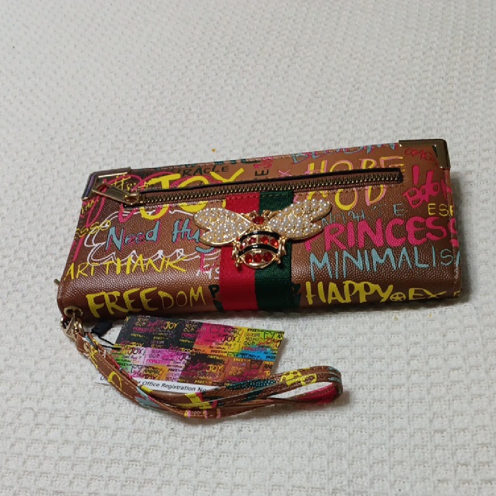Chunma Tan & Multi Color Graphic Women's Wristlet Wallet/Clutch, VEGAN LEATHER